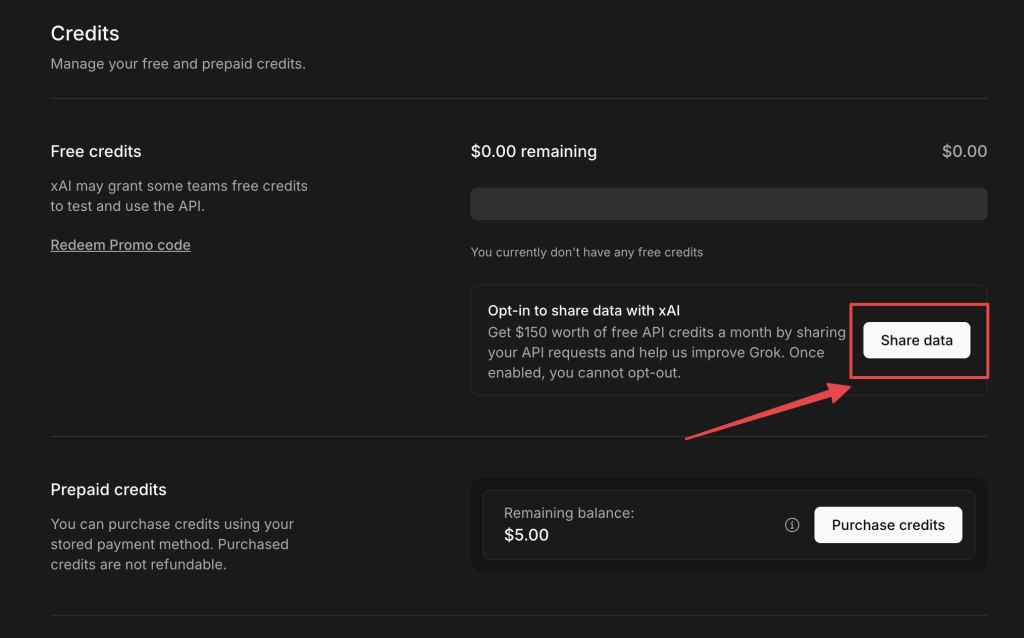chia sẻ data để nhận 150 credits miễn phí của xAI